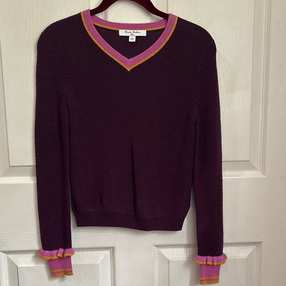 Girls Brooks Brothers Fleece Purple V-Neck Sweater with Pink Ruffle Trim size L